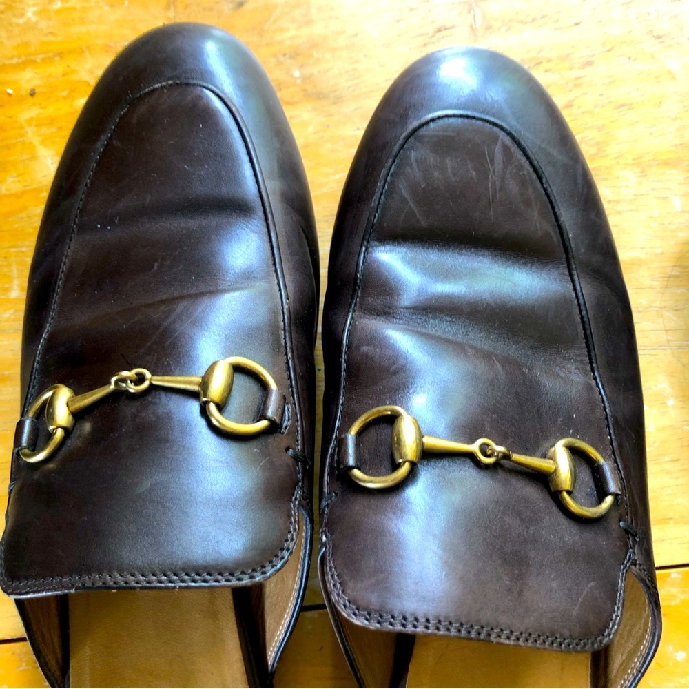 GUCCI Princetown Horsebit Chocolate Brown Leather Mules Slides Size 38.5, 8.5